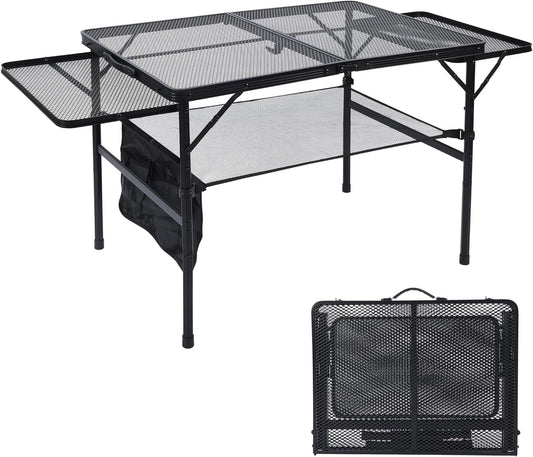 Folding Grill Table, 3x2 FT Portable Camping Table with 2 Wing Panels, Height Adjustable Metal Tables with Mesh Desktop and Mesh Bag, Outdoor Furniture for Camping, Picnic, Beach and BBQ, Black