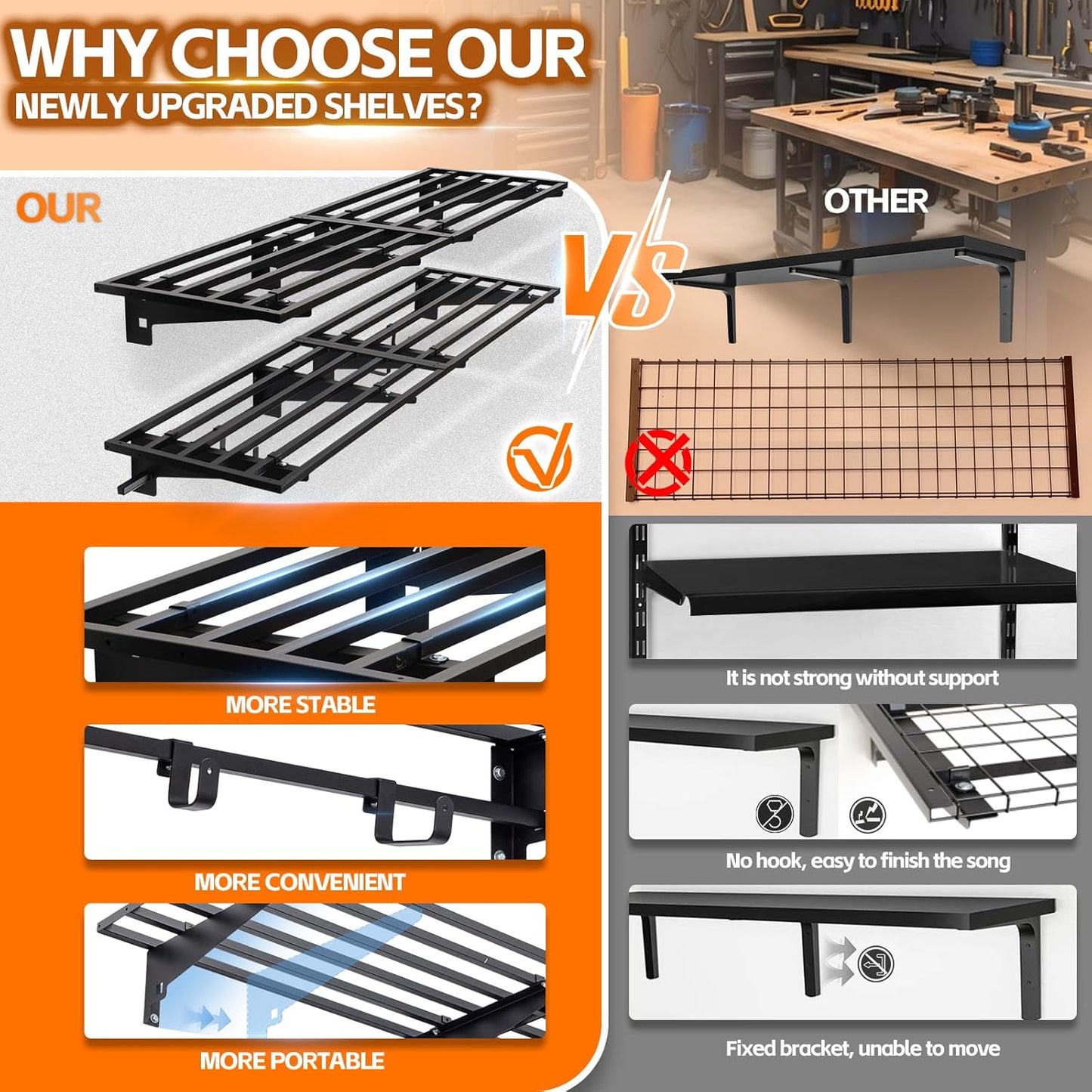 Garage Wall Shelving with Hooks,2-Pack 1.64 x 6ft Garage Wall Shelf,Loads 1050 lbs Heavy Duty Wall Shelves,20” x 72” Garage Shelves Wall Mounted,Black