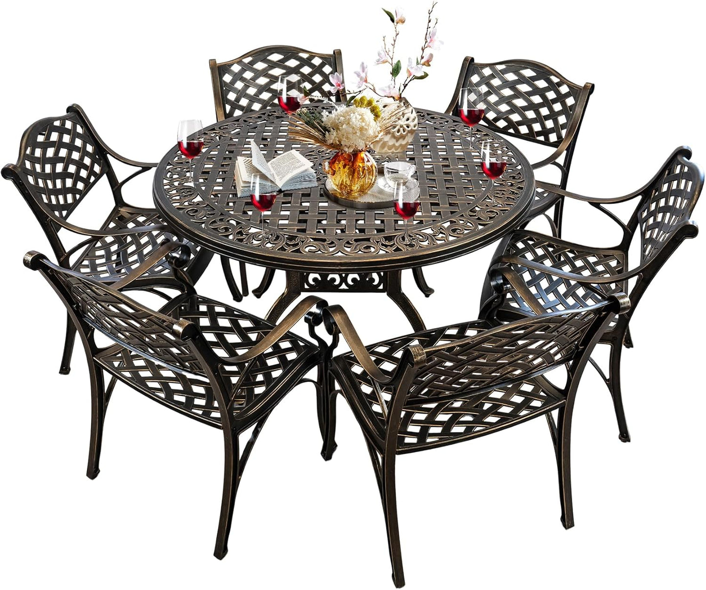 48 Inch Outdoor Dining Table Round Patio Table Powder-Coated Cast Aluminum Frame for Garden with Umbrella Hole (Bronze)