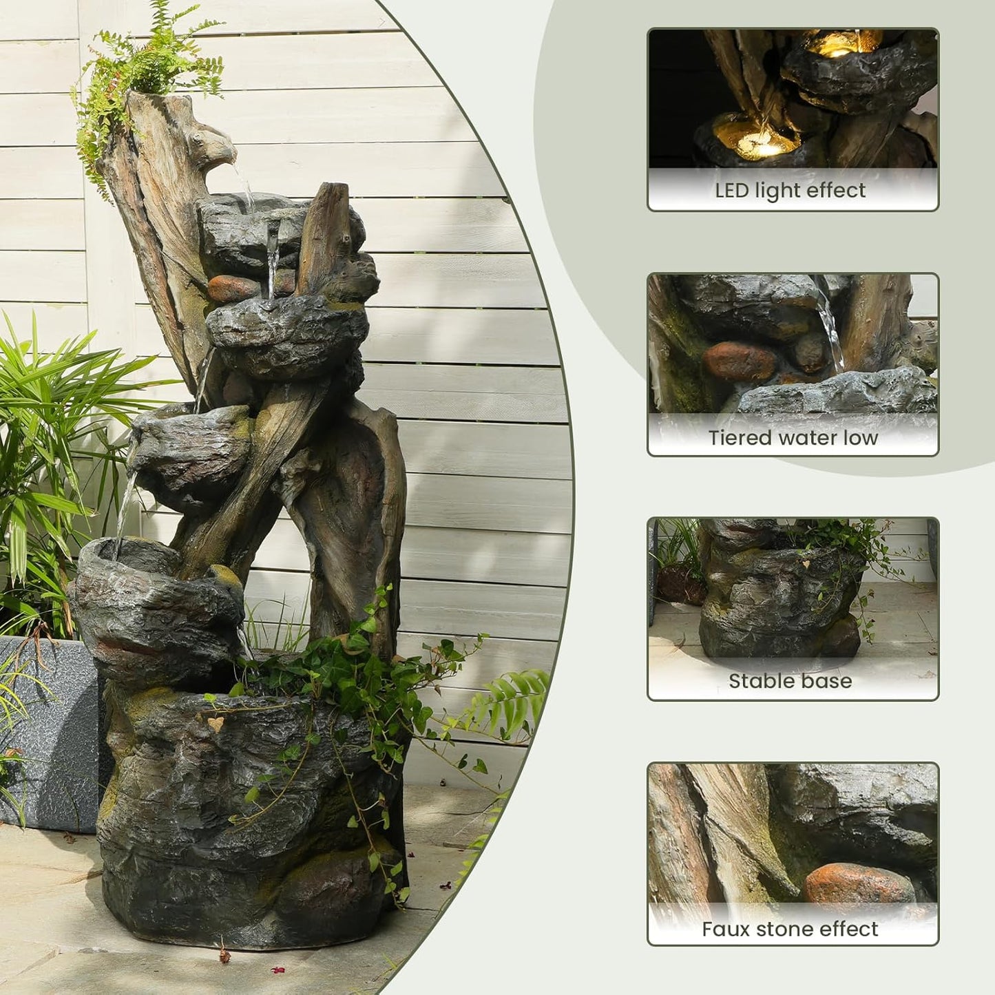 Outdoor Cascading Water Fountain Garden, 43.7'' Resin Tree Trunk & Rock Design Garden Waterfall Feature with LED Lights for Patio, Porch, Backyard and Home Decor, Gift