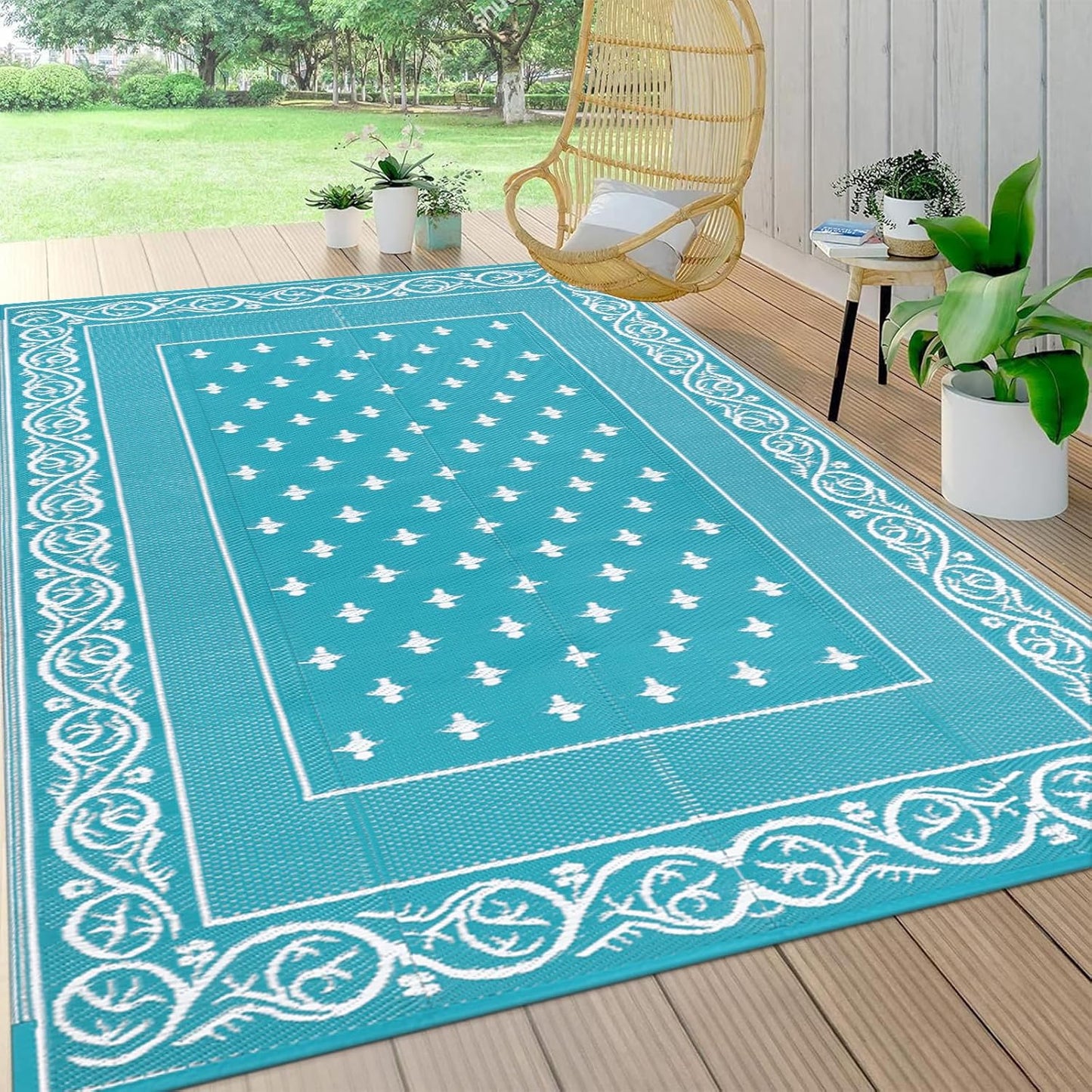 Pauwer Waterproof Outdoor Rug 6x9, Reversible Plastic Straw Patio Camping Rug, Indoor Outdoor RV Mat Carpet for Deck, Camper, Porch, Balcony, Backyard, Picnic, Bordered Teal