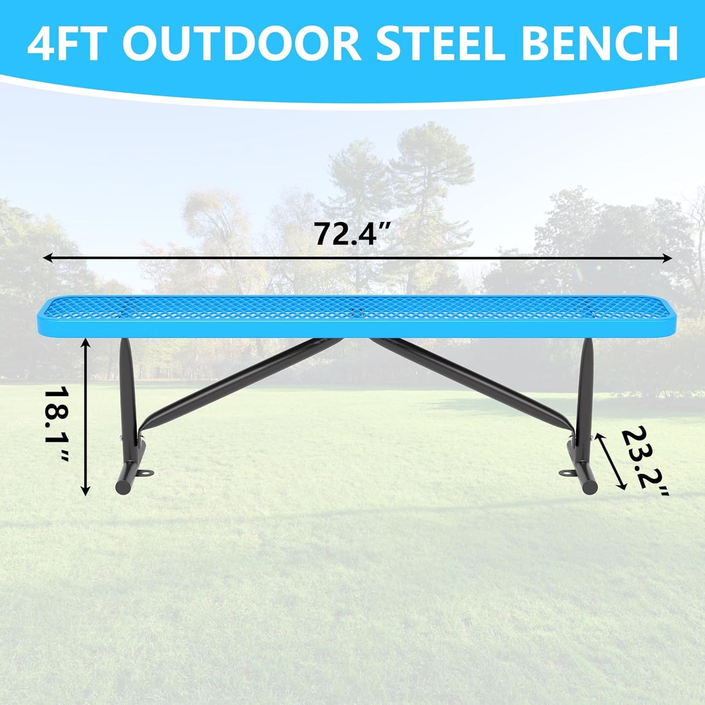 48" L Outdoor Steel Flat Bench, Heavy Duty Metal Park Bench for Outside, Expanded Metal, Commercial Benches Mesh Bench for Shopping Mall, Store, Lawn, Park, Patio, Deck, Garden (Blue, 6FT)