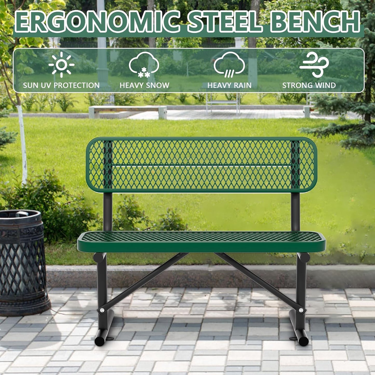 4FT Heavy Duty Park Bench with Back Portable Frame, Outdoor Steel Bench with Backrest, Green Park Bench Expanded Metal Mesh Bench for Lawn, Park, Deck, Garden, Patio, Porch (Green, 4FT)
