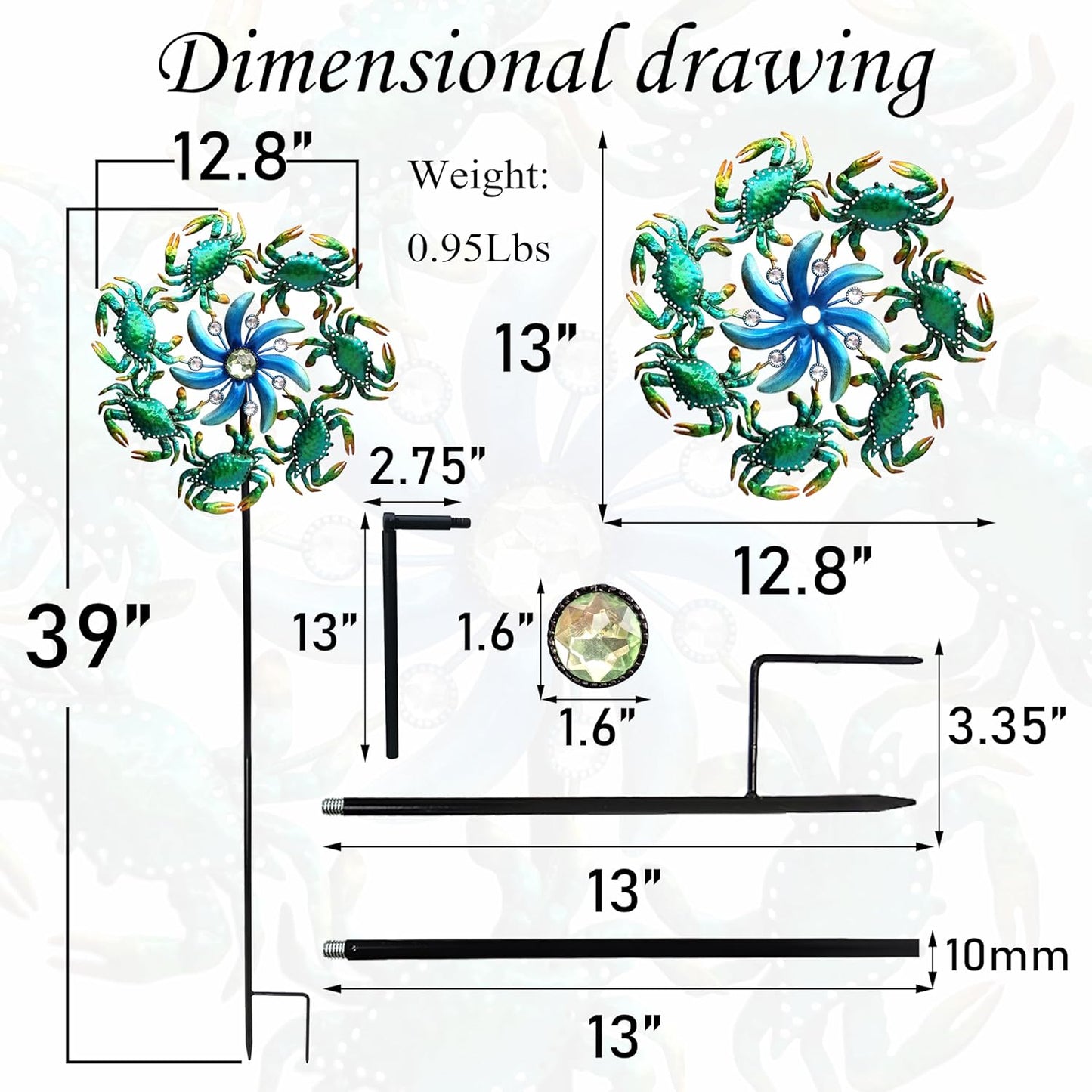 39" Crab Wind Spinners Metal Windmill Garden Stake,Ocean Theme Outdoor Wind Spinner,Wind Sculptures Yard Art Decorations for Patio,Lawn & Garden Decor