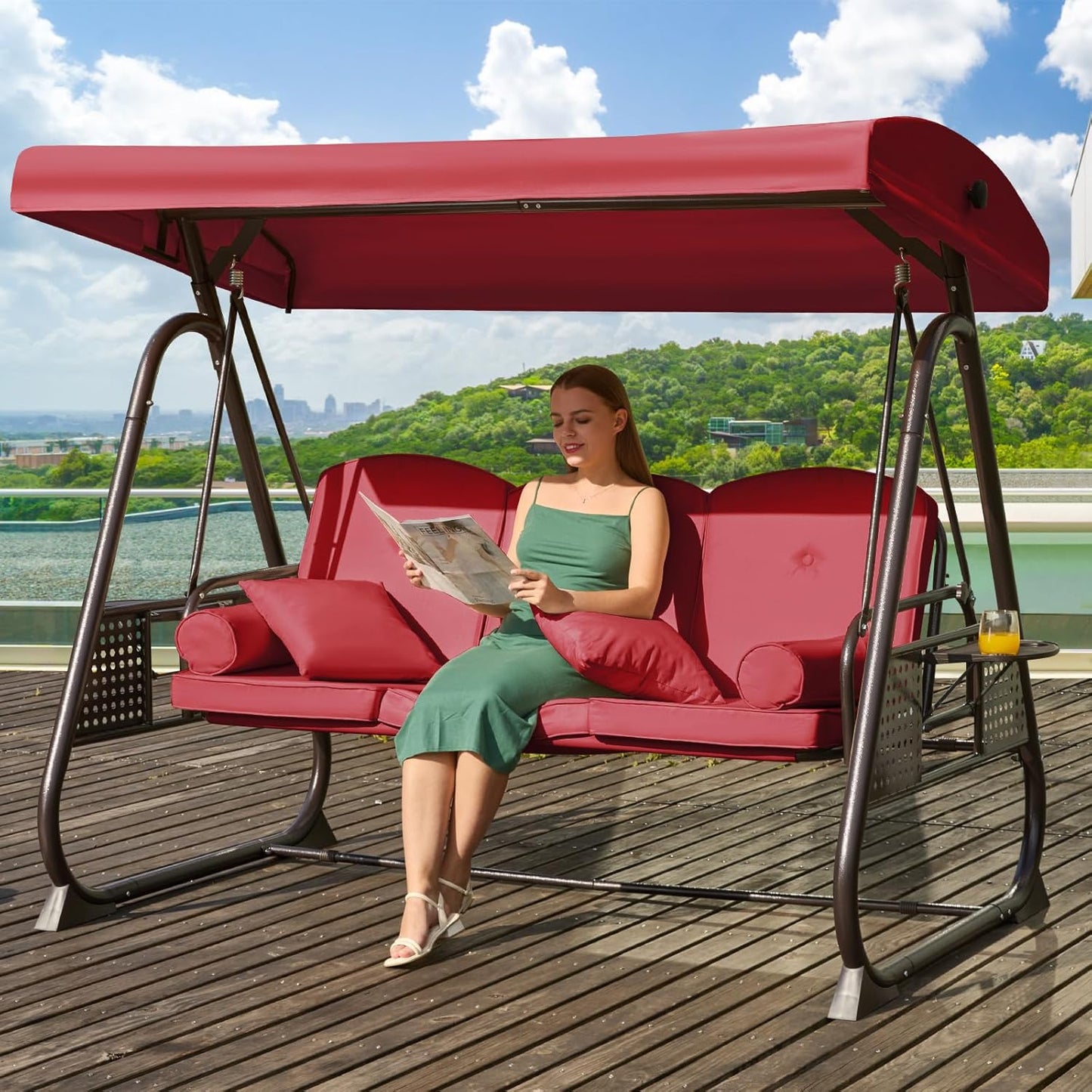 3 in 1 Outdoor Porch Swing with Adjustable Canopy, 3 Seat Outdoor Swing for Adults, Patio Swing Chair with Thickened Cushions,Pillows & Cup Holders for Backyard, Porch, Garden (Wine Red)