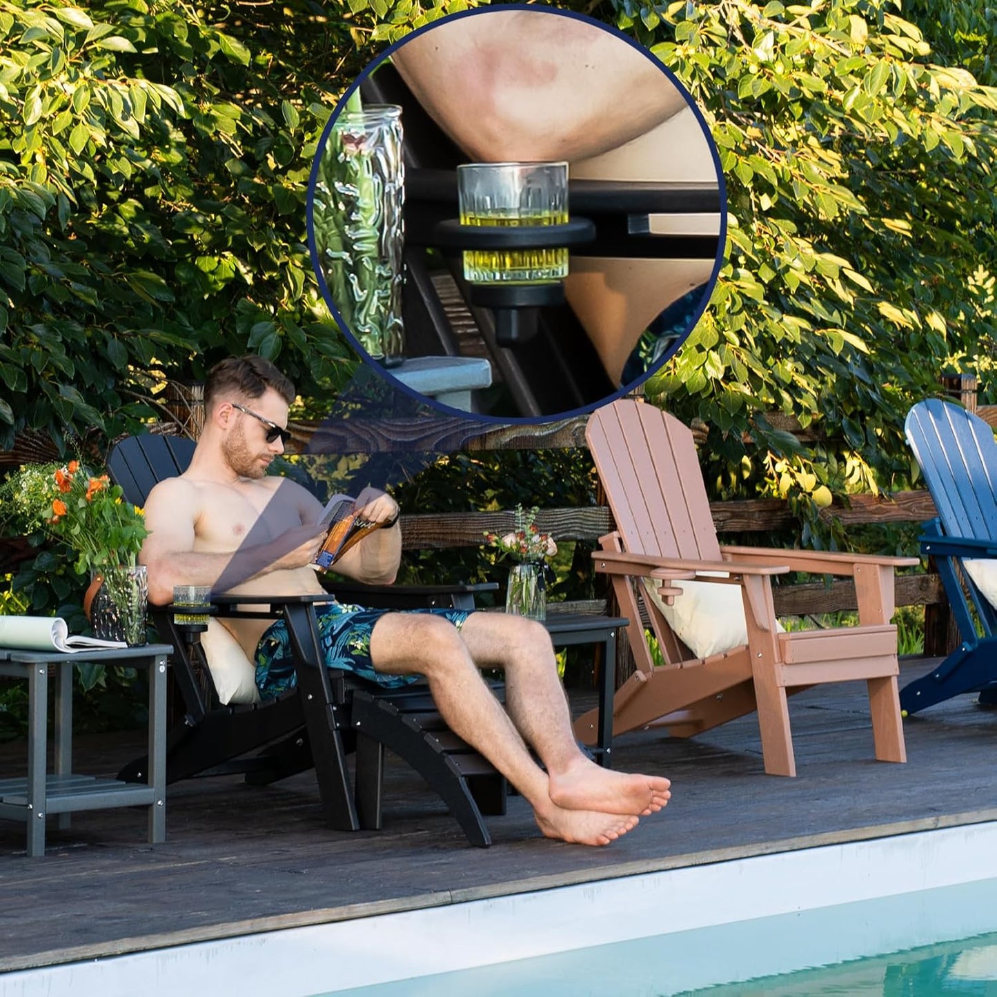 Folding Adirondack Chair - Extended Ergonomic Backrest, Cup Holder - Easy Assembly - Durable HDPE Plastic, Weather Resistant & Maintenance-Free - Lawn, Patio, Deck Supports 400lbs Teak