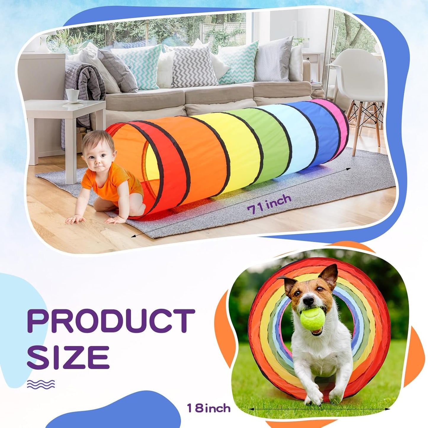 2 Pcs Play Tunnel for Kids Toddlers 6ft Multicolored Crawl Tunnel Play Tent for Baby or Pet Collapsible Gift for Boy and Girl Indoor and Outdoor Game(Classic)