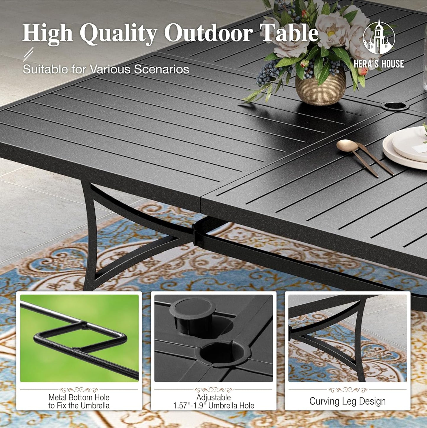 HERA'S HOUSE 9 Pieces Patio Dining Set, Outdoor Table and Chairs Set for 8, 8 x Brown Textilene Dining Chair and 60" Square Metal Dining Table, Outdoor Dining Sets for Lawn Garden Backyard Deck