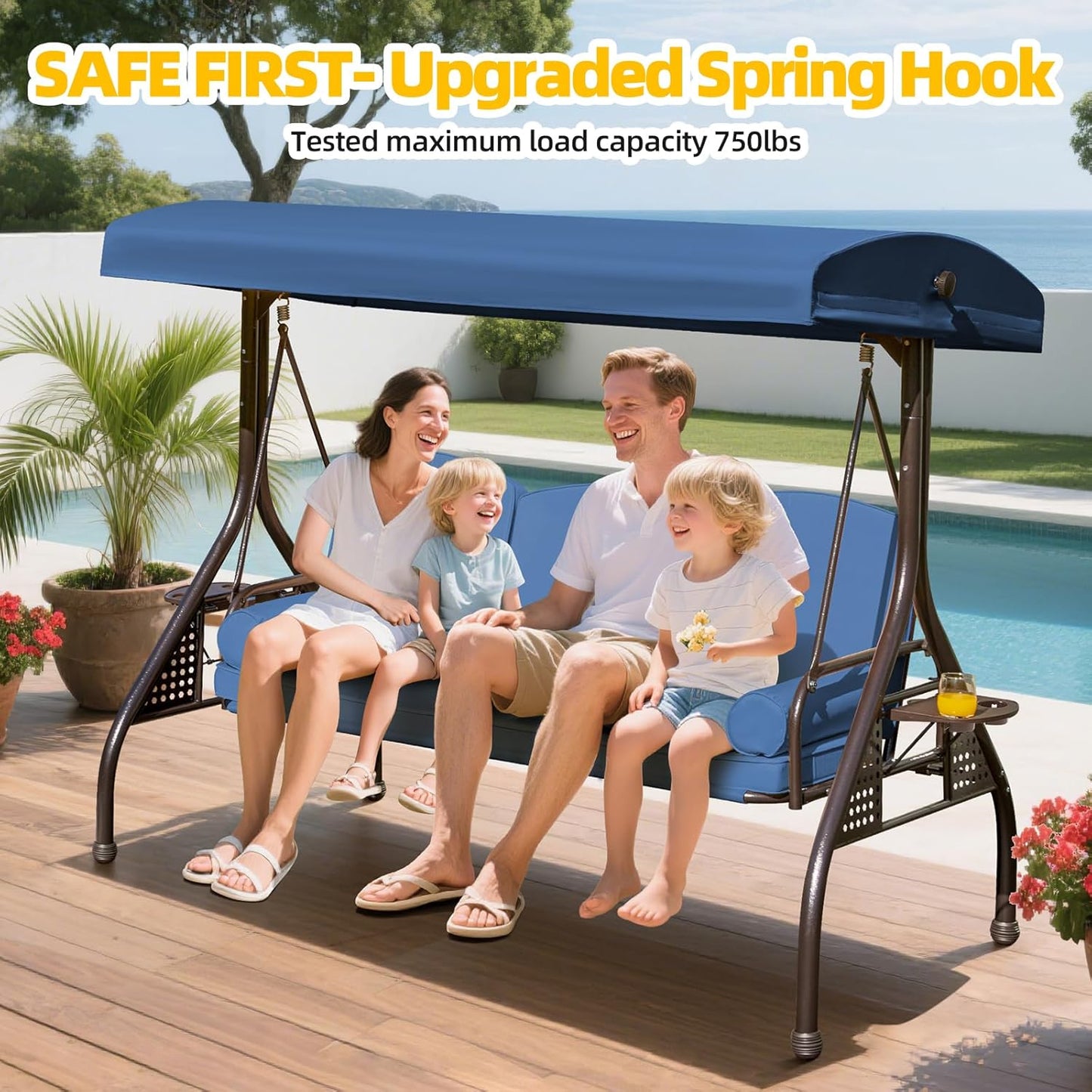 3-seat Patio Swing with Canopy,Convertible Outdoor Swing Bed with Thick Cushions, Pillows & Cup Holders, 3-Seat Outdoor Swings Chair for Backyard, Garden, Deck(Blue)