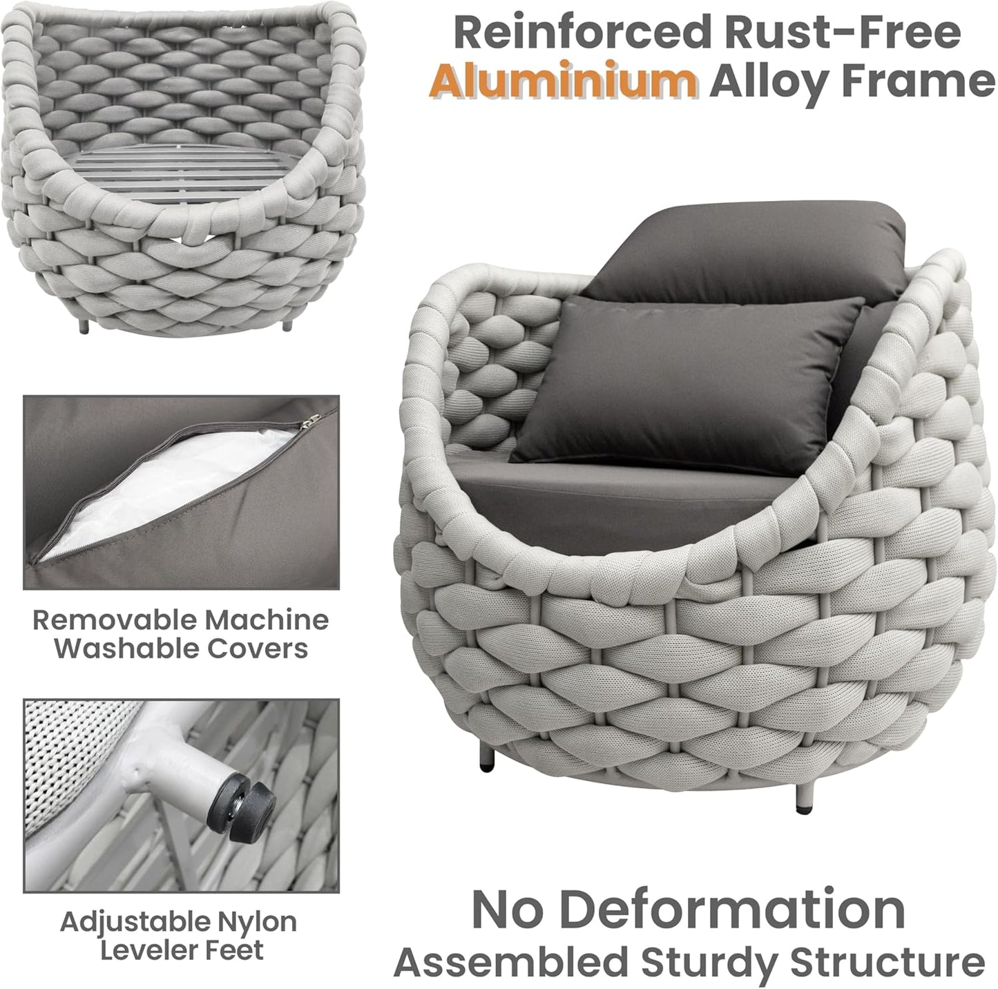 Aluminum Patio Furniture Set: 4 Pieces Woven Rope Outdoor Conversation Sofa Set Assembled - Modern Cushioned Armchair Couch Set for 660lbs Porch Deck Backyard Poolside Garden Drawing Room Hotel