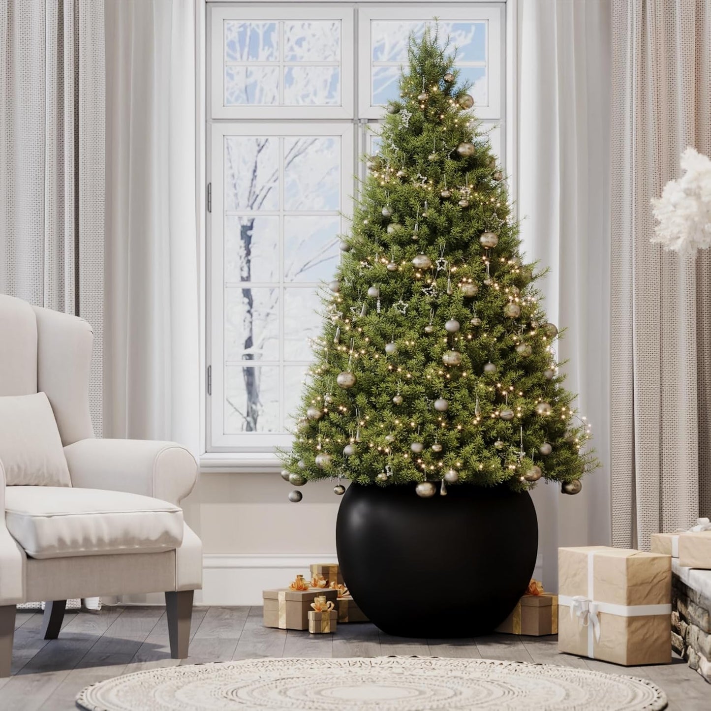 DTY Signature Mount Sherman Lightweight Durable Modern Fiberstone Sphere Planter for Indoor & Outdoor Drainage Hole & Rubber Plug Weather Resistant, 17" H x 21" Dia 14.4" Pot Opening - Large, Black