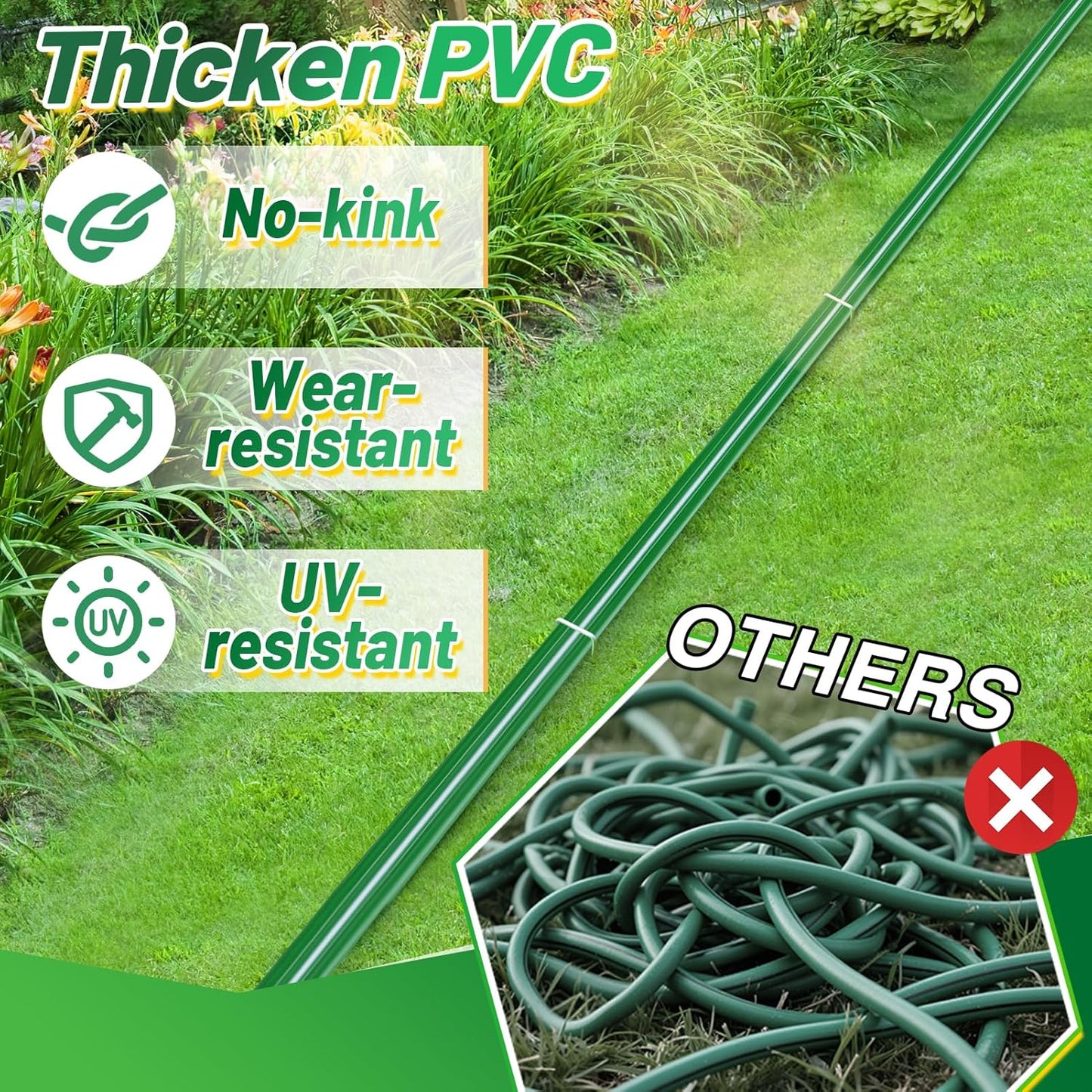 2 Pack 50ft Sprinkler Soaker Hose - Kink-free, Save Water, Flexible, Heavy Duty Three Tube Flat Watering Hose for Garden Yard Lawn Irrigation, With 30 Stakes