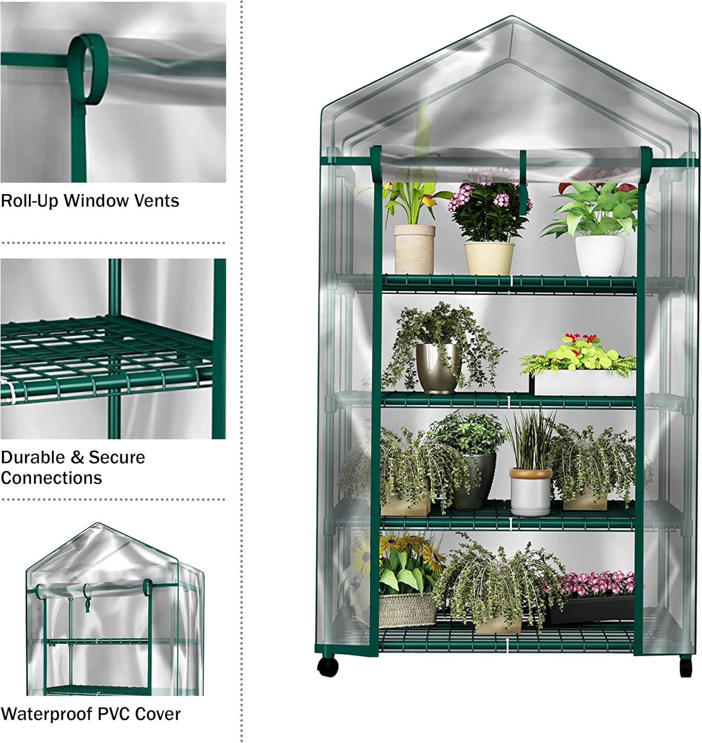 4 Tier Mini Greenhouse - Portable Greenhouse with Locking Wheels and PVC Cover for Indoor or Outdoor - 27 x 19 x 63-Inch Green House by Home-Complete