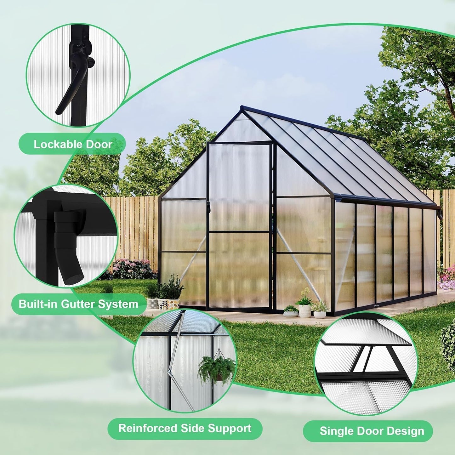 Greenhouse 6x11 FT Aluminum-Framed Heavy Duty Polycarbonate with Quick Setup Structure and Roof Vent Large Enhanced Outdoors Green House Kit