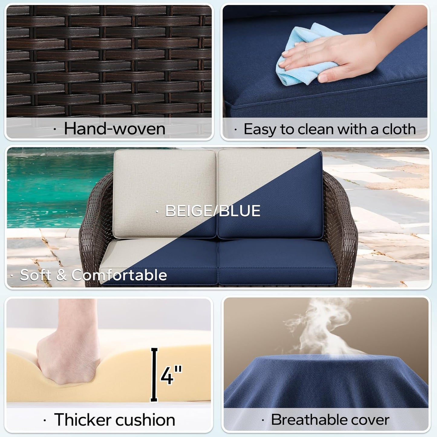 4 Pieces Outdoor Conversation Furniture Set, 55" Patio Couch，47" Metal Coffee Table, 2 Chairs, Rattan Wicker Sofa with Removable Cushions for Bistro, Deck (Navy Blue)