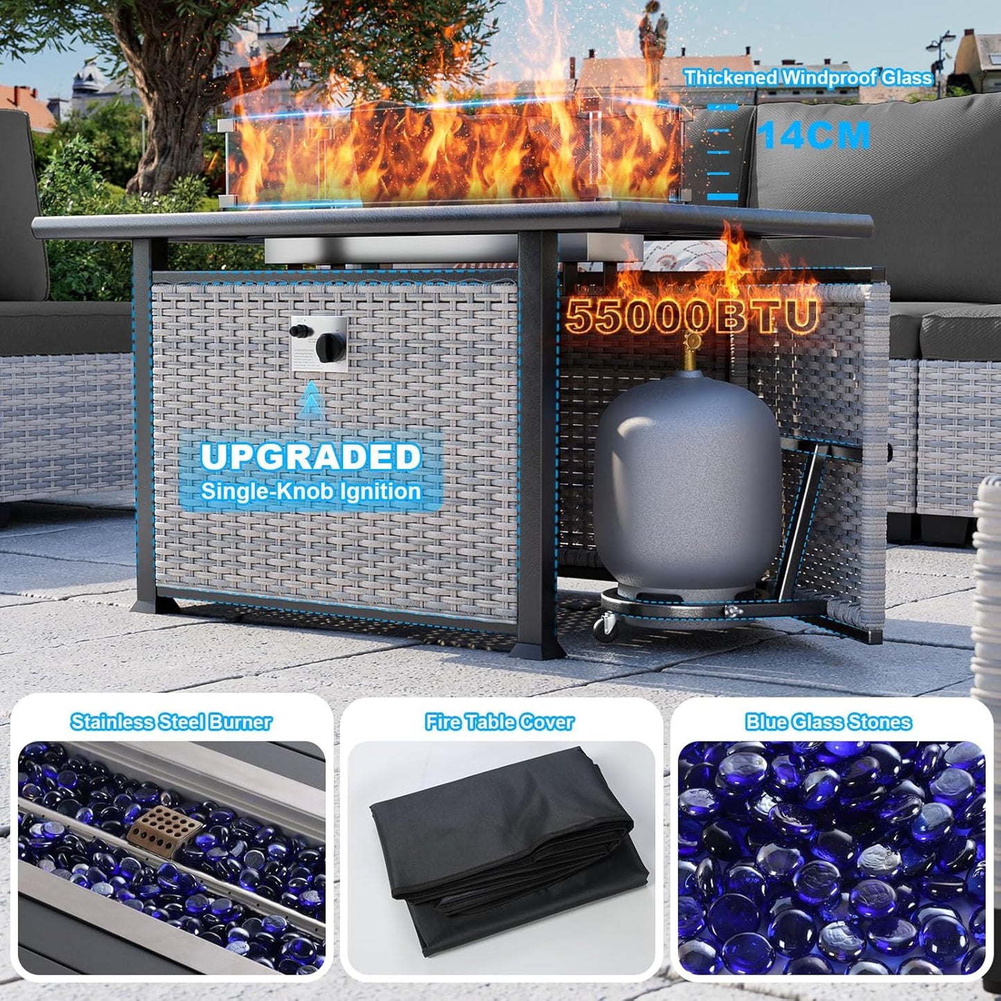 8-Piece Modern Patio Conversation Set with 55,000 BTU Fire Pit Table, Thick Cushions, Upgraded Rattan, Reinforced Frame