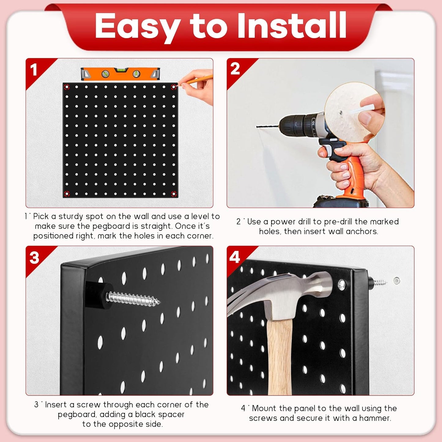 4 Pack Black Metal Pegboard Panels, Heavy Duty Steel Peg Boards Wall Organizer with Screw, Anchors and Washer Accessories for Garage, Tool Storage, Office Organization, Craft Room, Kitchen