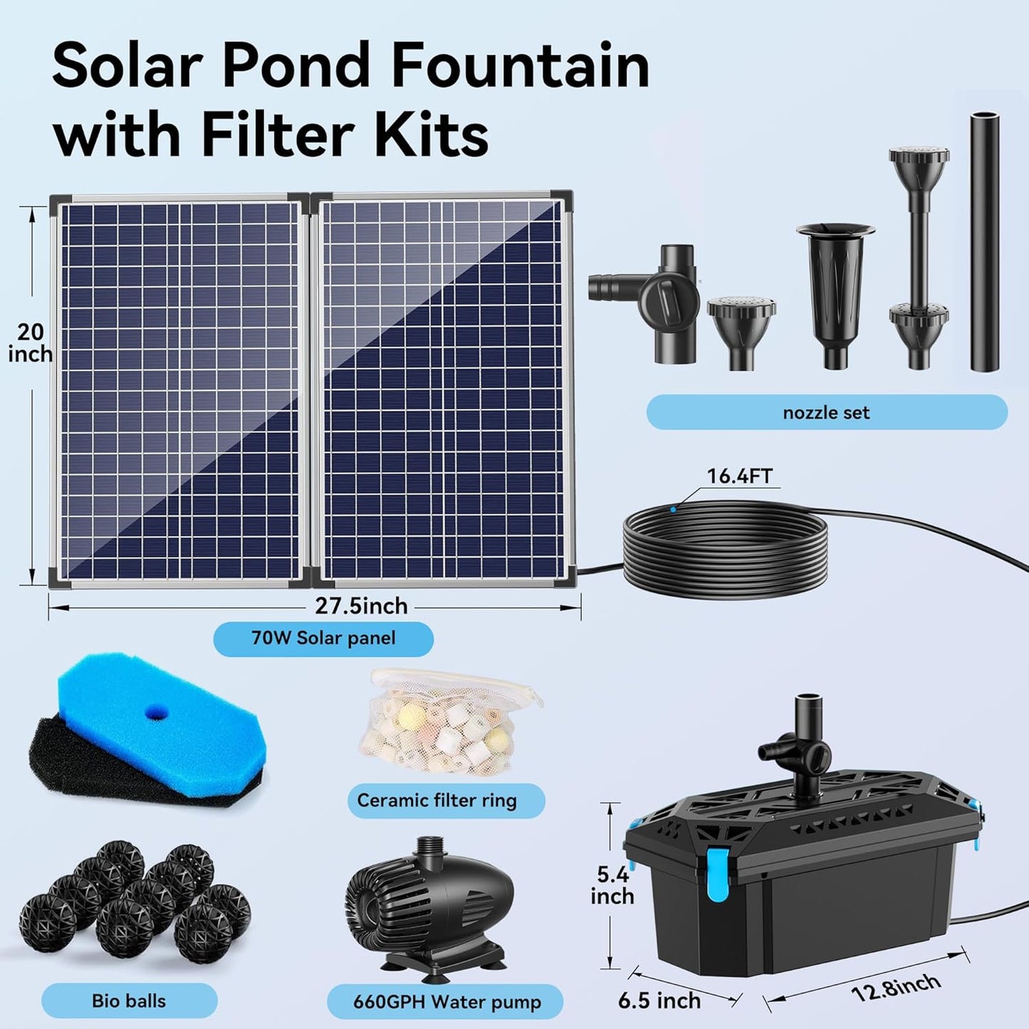 NFESOLAR Pond Filter Fountain with 70W Solar Panel, 660 GPH Water Pump, 10 FT Extension Cord, Solar Fountain Pump with Pond Filter Box Outdoor for Koi Ponds Water Feature Waterfall Pool