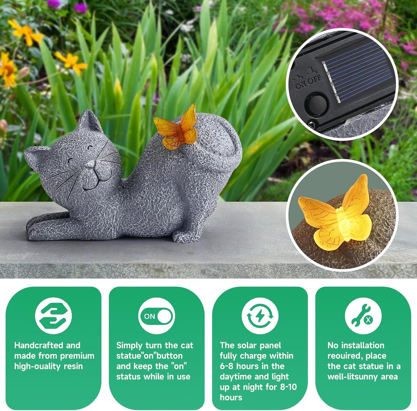 Solar Cat Garden Statue with Glowing Butterfly, Outdoor Resin Cat Figurine with Solar Light, Waterproof Yard Decor for Patio, Lawn, Porch, and Unique Garden Gifts for Cats Lovers