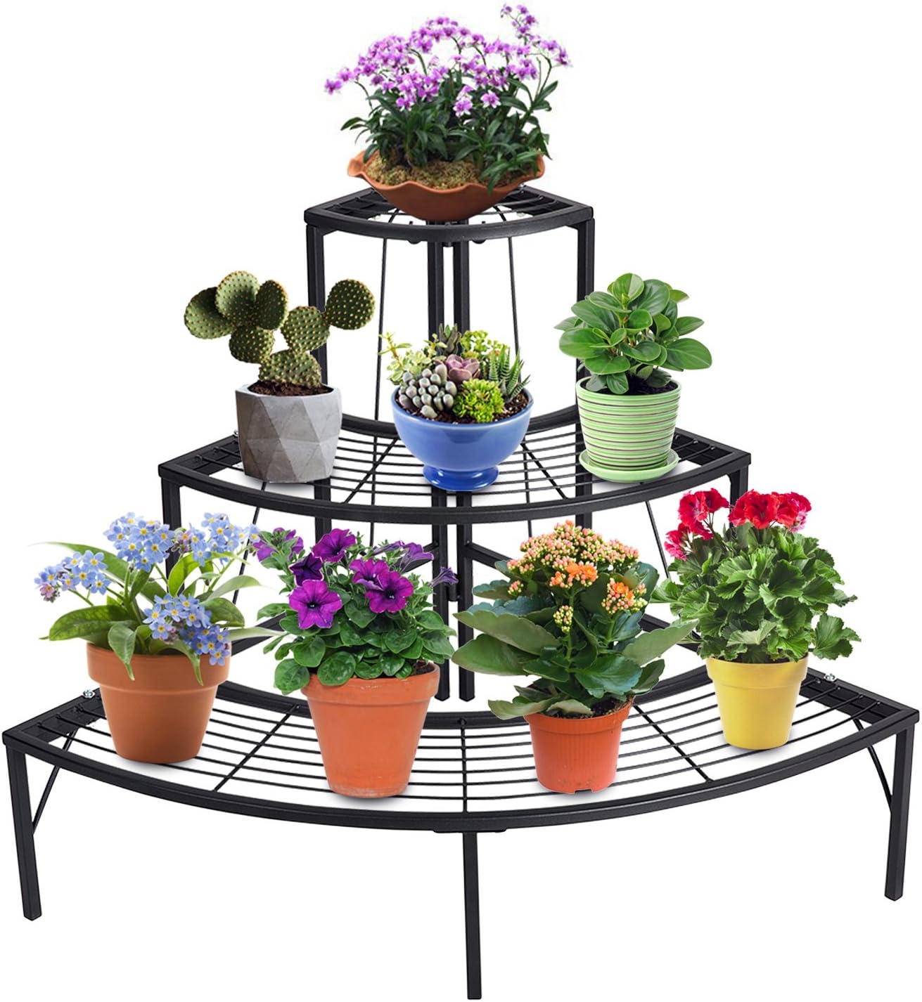 DOEWORKS 3 Tier Plant Stand Flower Pot Rack, Quarter Round Plant Corner Shelf Planters Display Holder orchid shelves for Indoor Outdoor Use, Black