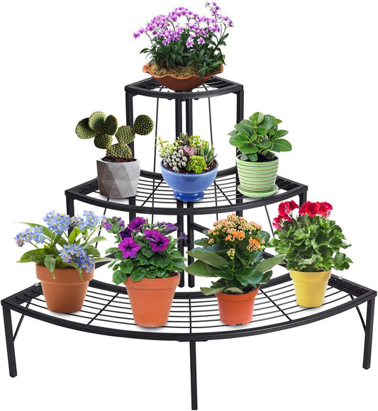 DOEWORKS 3 Tier Plant Stand Flower Pot Rack, Quarter Round Plant Corner Shelf Planters Display Holder orchid shelves for Indoor Outdoor Use, Black