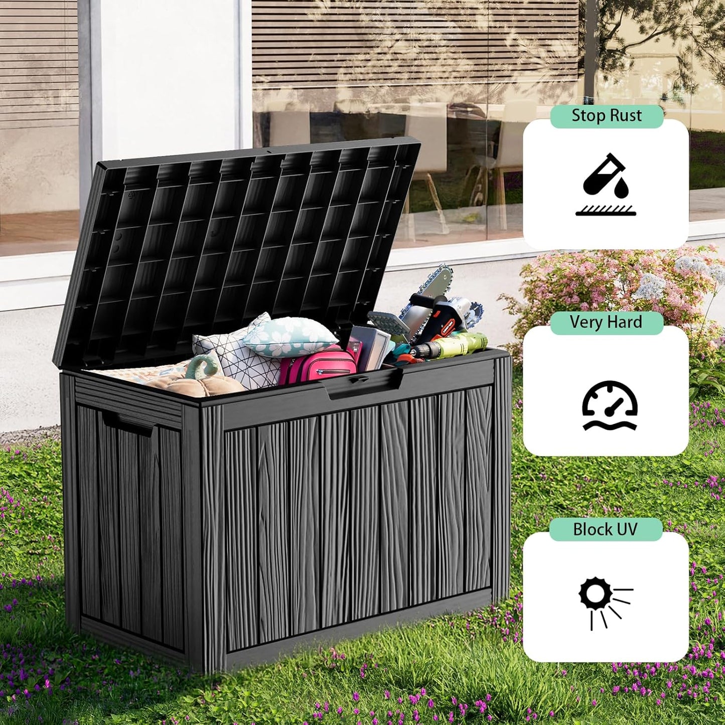 45 Gallon Resin Deck Box, Lockable Outdoor Storage Box for Patio Cushions Storage Furniture,Garden Tools, Pool Supplies, Weatherproof and UV Resistant（Black）