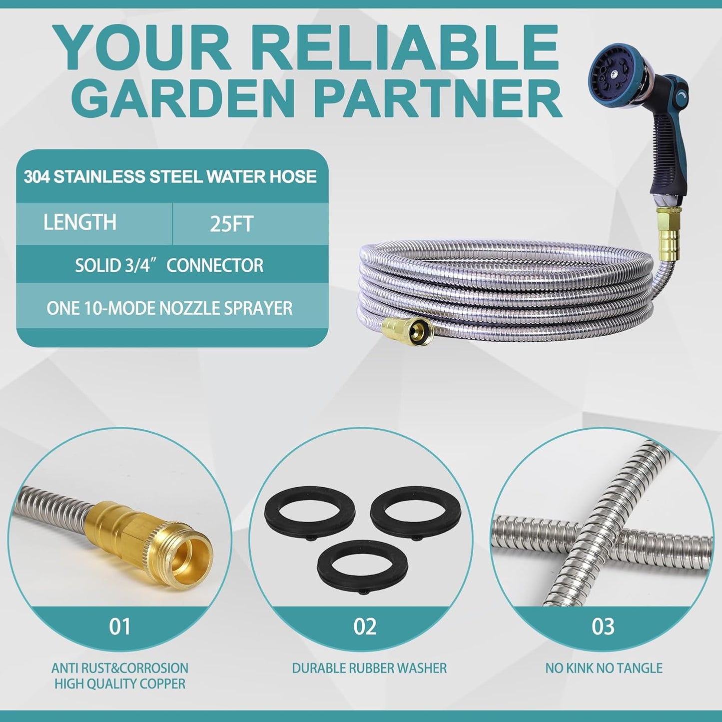 25FT 5/8'' Garden Hose, 304 Stainless Steel Water Hose, Flexible with a 10-Mode Nozzle Sprayer, No Kink, Lightweight, Puncture Proof Metal Hose, Ideal for Yard, Lawn, Outdoor