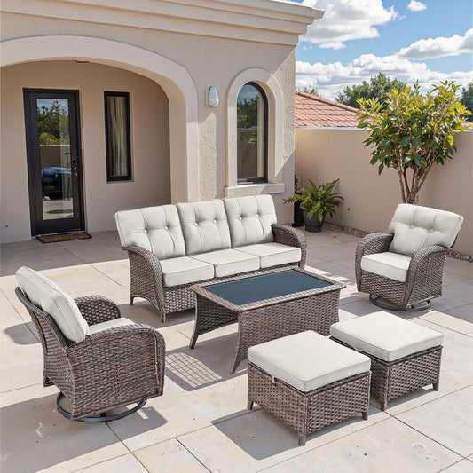 6-Piece Rotating Balcony Chair Set with 31-inch T-Shaped Wide backrest - Rattan Outdoor Rotating Balcony Chairs, Wide backrest Comfortable Outdoor Sliding Chair - Brown | Beige