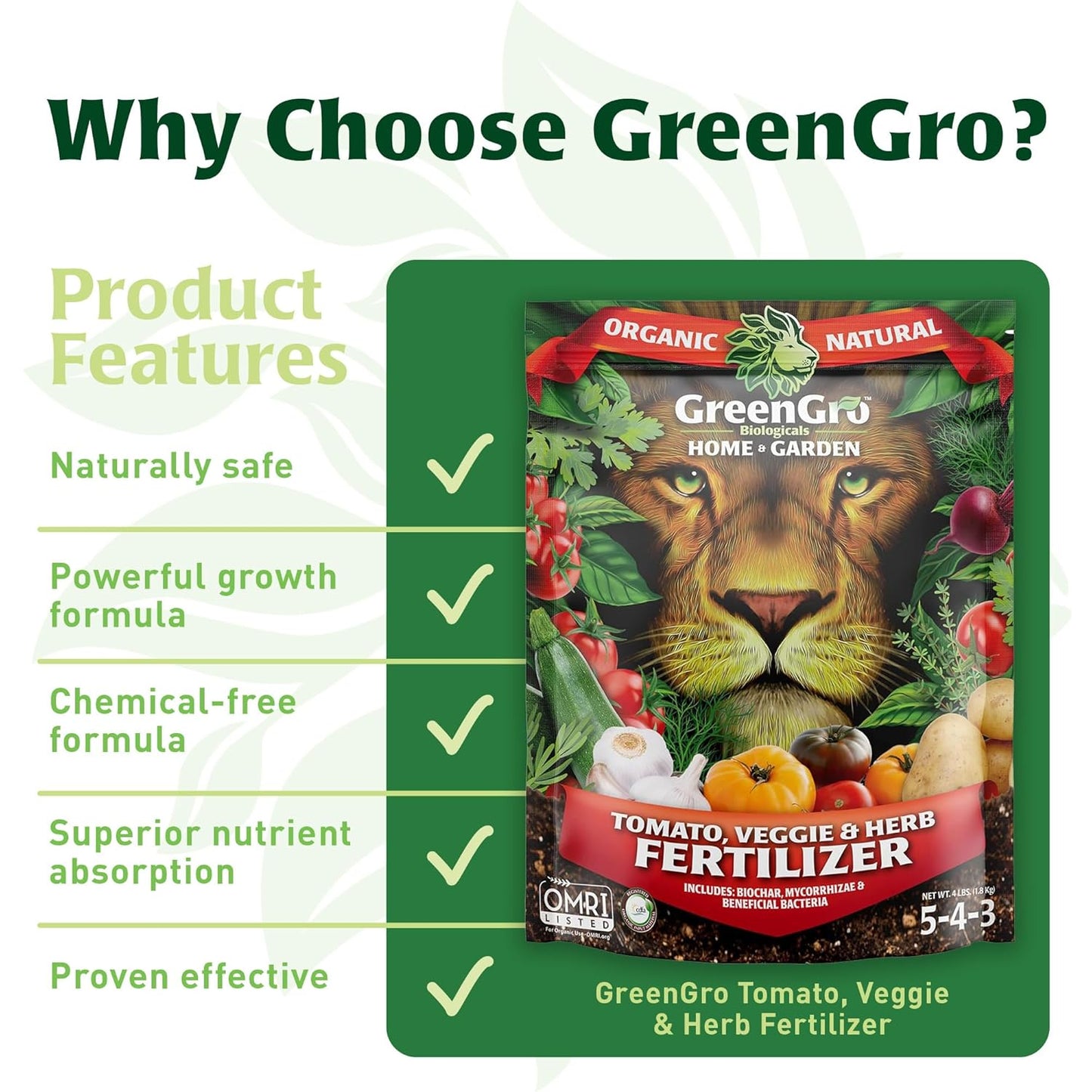 GreenGro Veggie, Herb, & Tomato Fertilizer - Outdoor & Indoor Plant Food for Edible Plants/Organic Fertilizer & Flower Food for Vegetable Garden/Improve Harvest with Vital Plant Nutrients (4 lb)