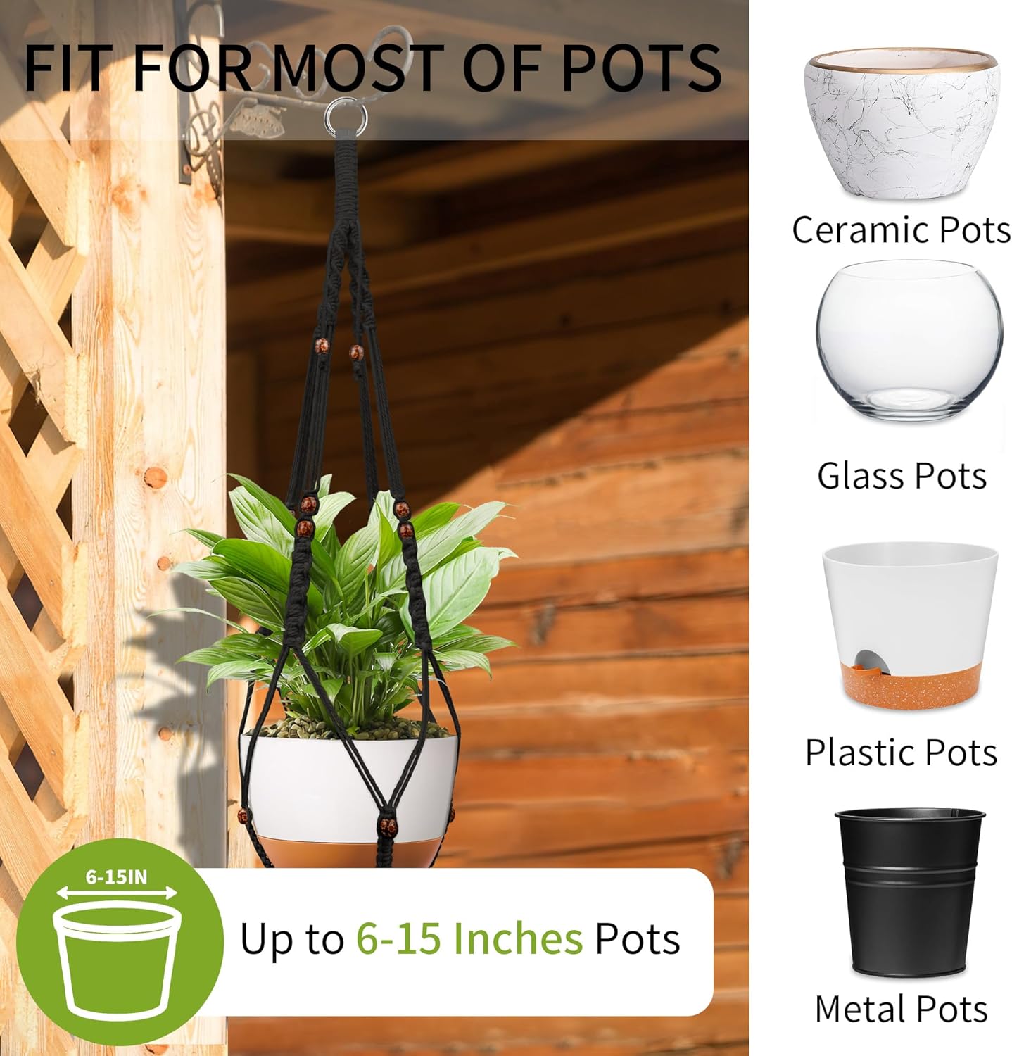 43 Inch Macrame Plant Hanger - Fits 6-15 Inch Pots, Extra Long Hanging Planter Holder for Indoor Outdoor, with Red Wood Beads, Boho Home Decor, 2 Pack, Black (POTS NOT Included)