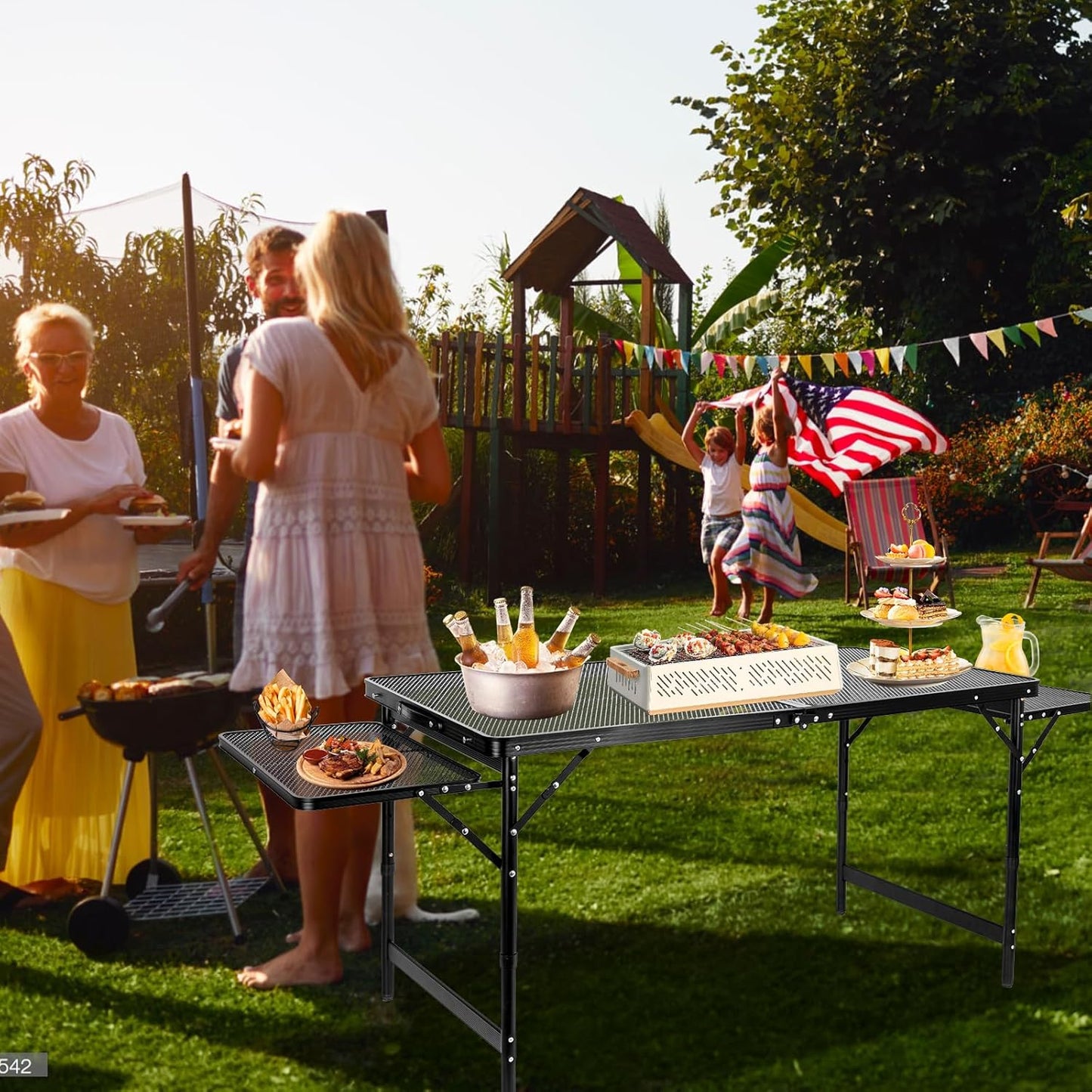 Grill Table Folding Table with 2 Wing Panels 4FT+1.77 FT with Mesh Desktop 3 Height Adjustable Portable Grill for Outdoor Indoor Beach BBQ Picnic Travel RV Black 69.3 x 23.62 inch