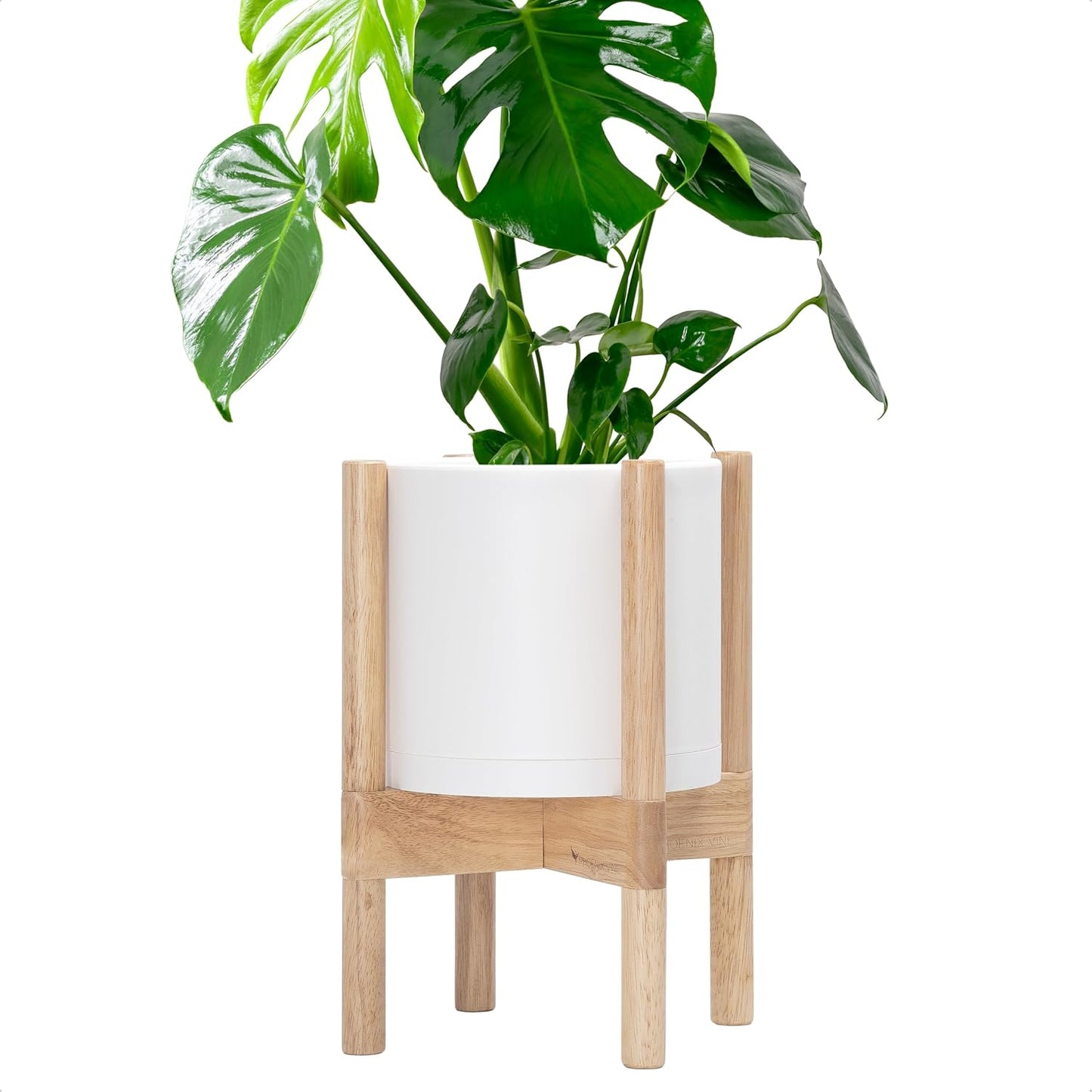D'vine Dev Planter Pot with Stand - 8 Inch Plastic Cylinder Flower Pot with Wood Planter Holder for Indoor, Matte White Pot + Natural Stand, 55-C-J-1