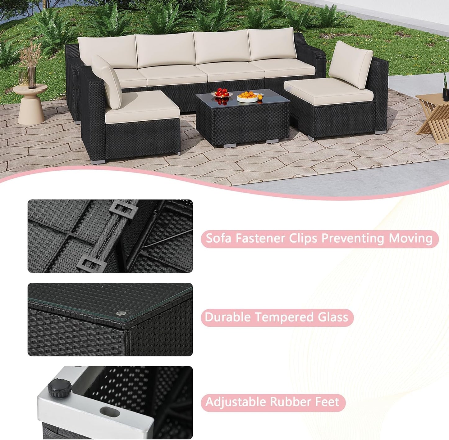 7-Piece Patio Furniture Set - Outdoor Sectional Sofa Set with Cushions and Glass-Top Coffee Table for Gardens, Poolside, Backyards and Porches, Black/Beige