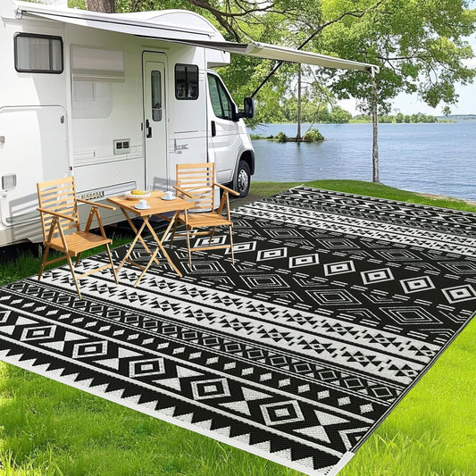 WILDROOTS 6x9 Feet Black and White Plastic Outdoor Rug, Stain Resistant Waterproof Reversible Outdoor Patio Rug, Fade Resistant Camping Rug