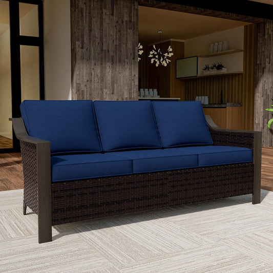 74 Inch Patio 3-Seater Sofa,PE Wicker Outdoor Lounge with Thick Removable Water-Resistant Cushions, Rust-Proof Steel Frame, 900LBS Capacity, Blue