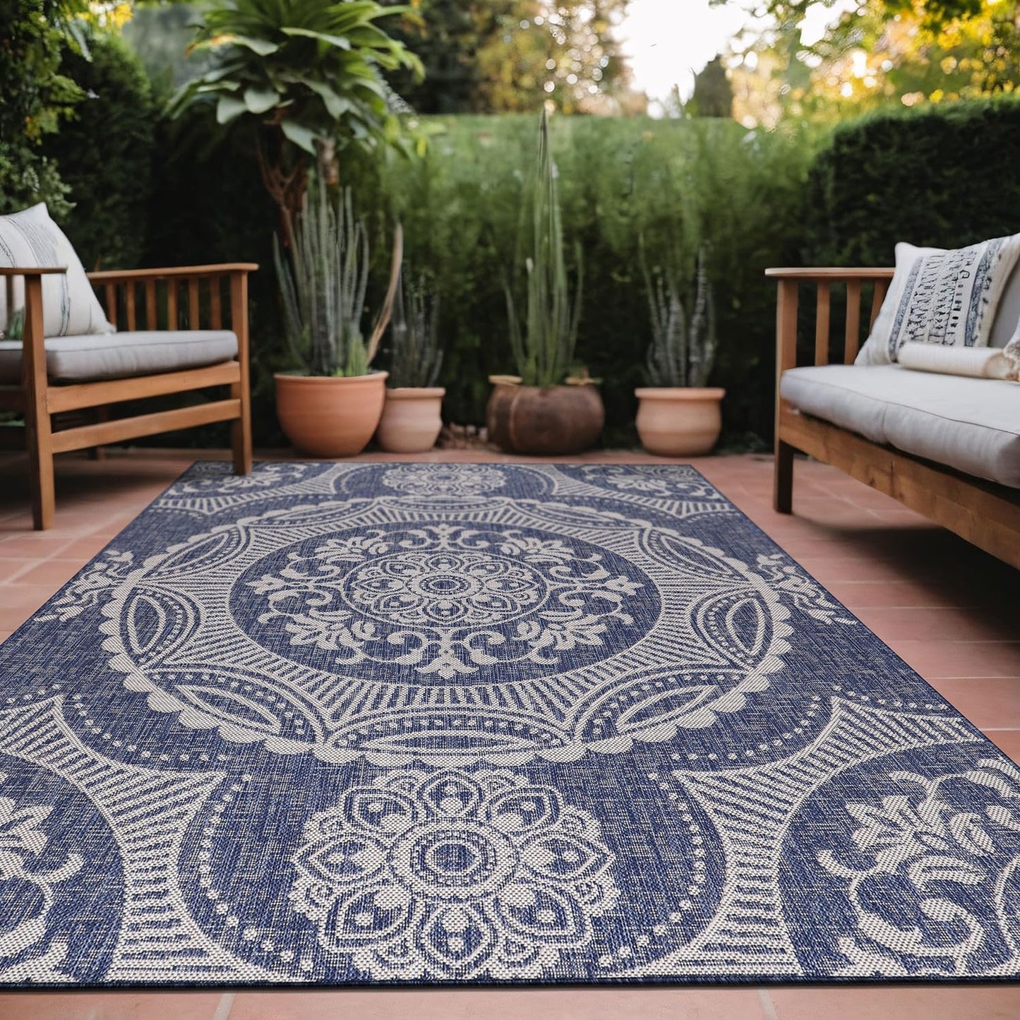 Medallion Outdoor Rug 6x9 Washable Outside Carpet for Indoor Patio Porch Waterproof Easy Cleaning Non Shedding Area Rugs Blue 6 x 9