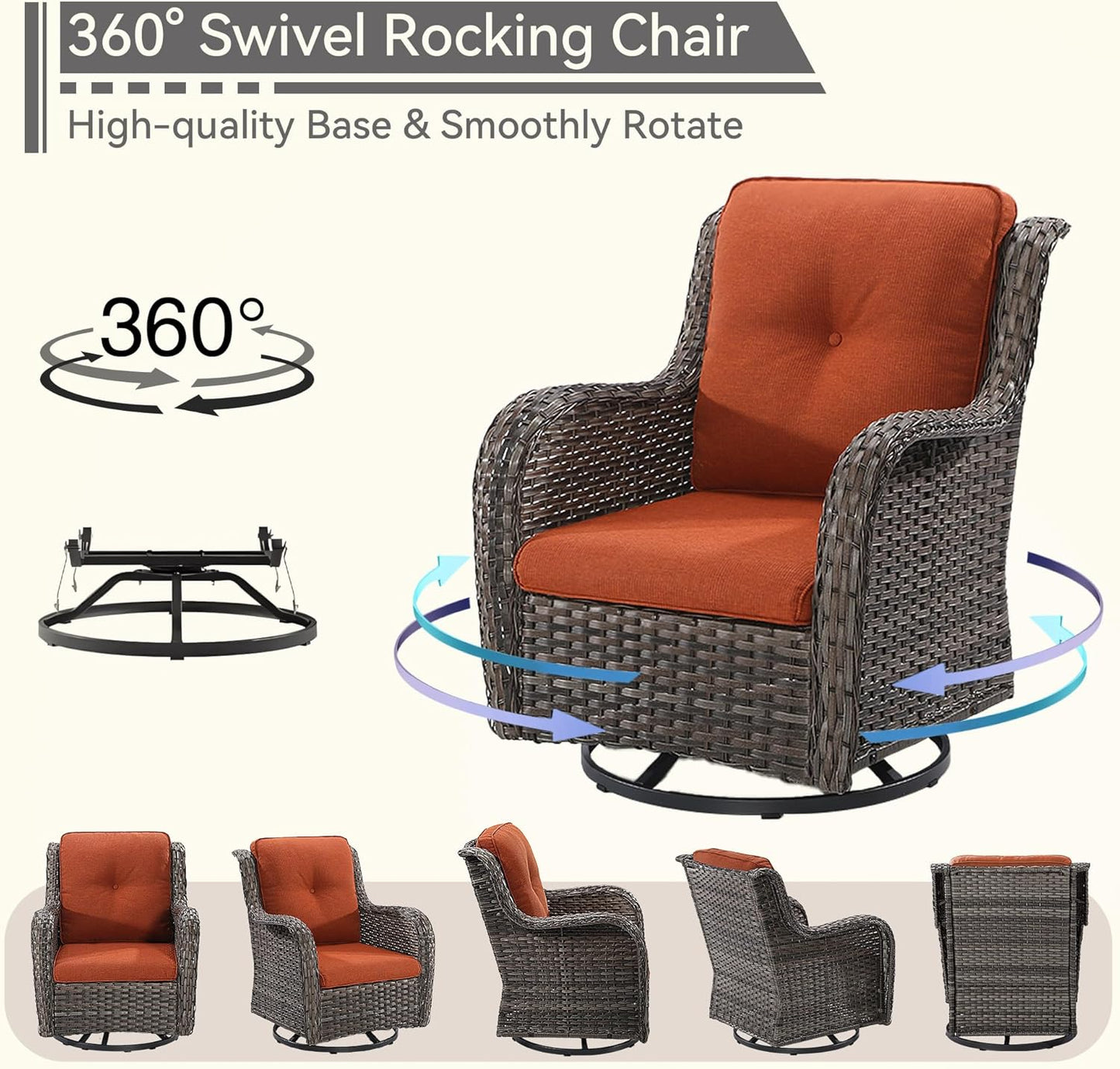 5 Piece Outdoor Patio Furniture Set Wicker Conversation Set Swivel Rocking Chairs with Side Table and Ottomans for Backyard, Porch, Deck, Orange