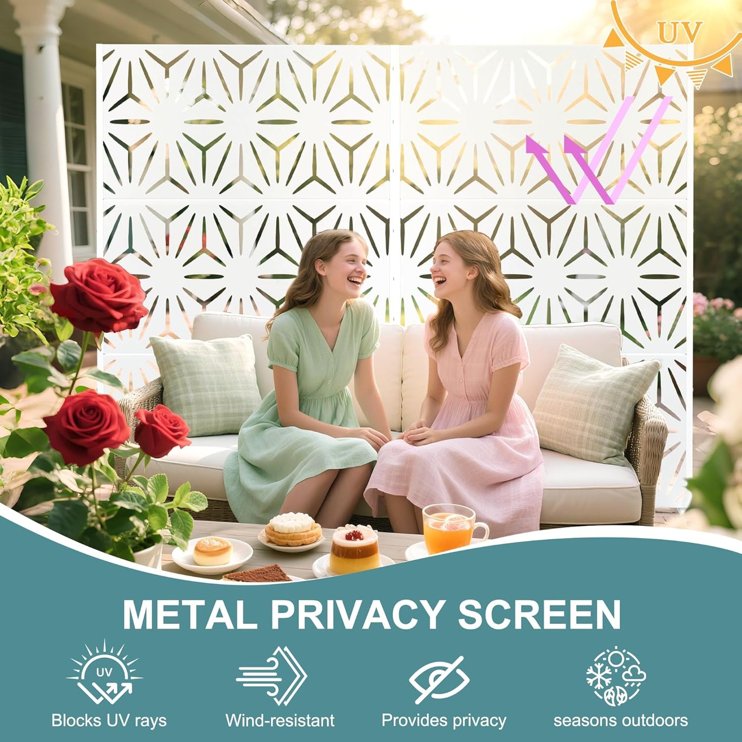 Metal Privacy Screen Outdoor Freestanding Privacy Wall Panels and Decorative Patio Dividers, Crafted from Steel with Sun-Proof Design, Ideal for Patio, Deck, Garden,72" H×47" L,（White&Star）
