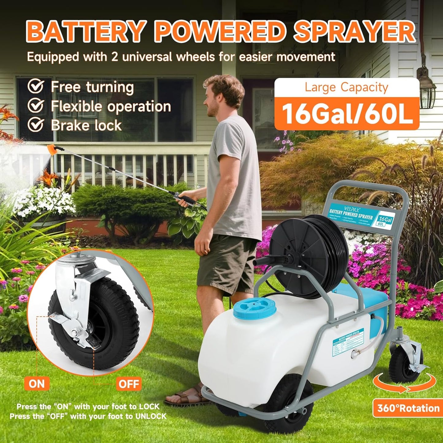 16 Gallon Battery Powered Sprayer,90 PSI Electric Pump,6 Hours Long Battery Life,12V 8Ah Battery,Adjustable HD Wand and 10 Nozzles,Portable Sprayer with Wheels for Lawn & Garden Spraying, Cleaning