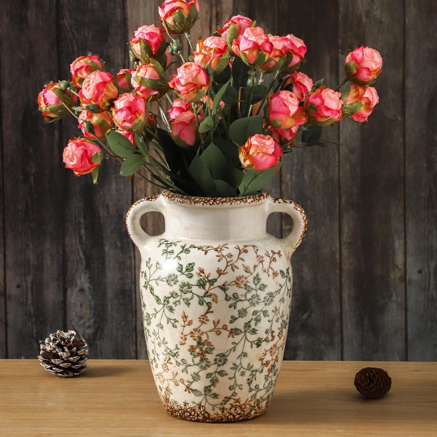 Enra Farmhouse Vintage vase with Handle,9.4 in Ceramic Chinoiserie Floral Vase,Green and Beige Decorative Flower vase,Large Rustic Vases for Home Decors, Living Room, Bookshelf, Office