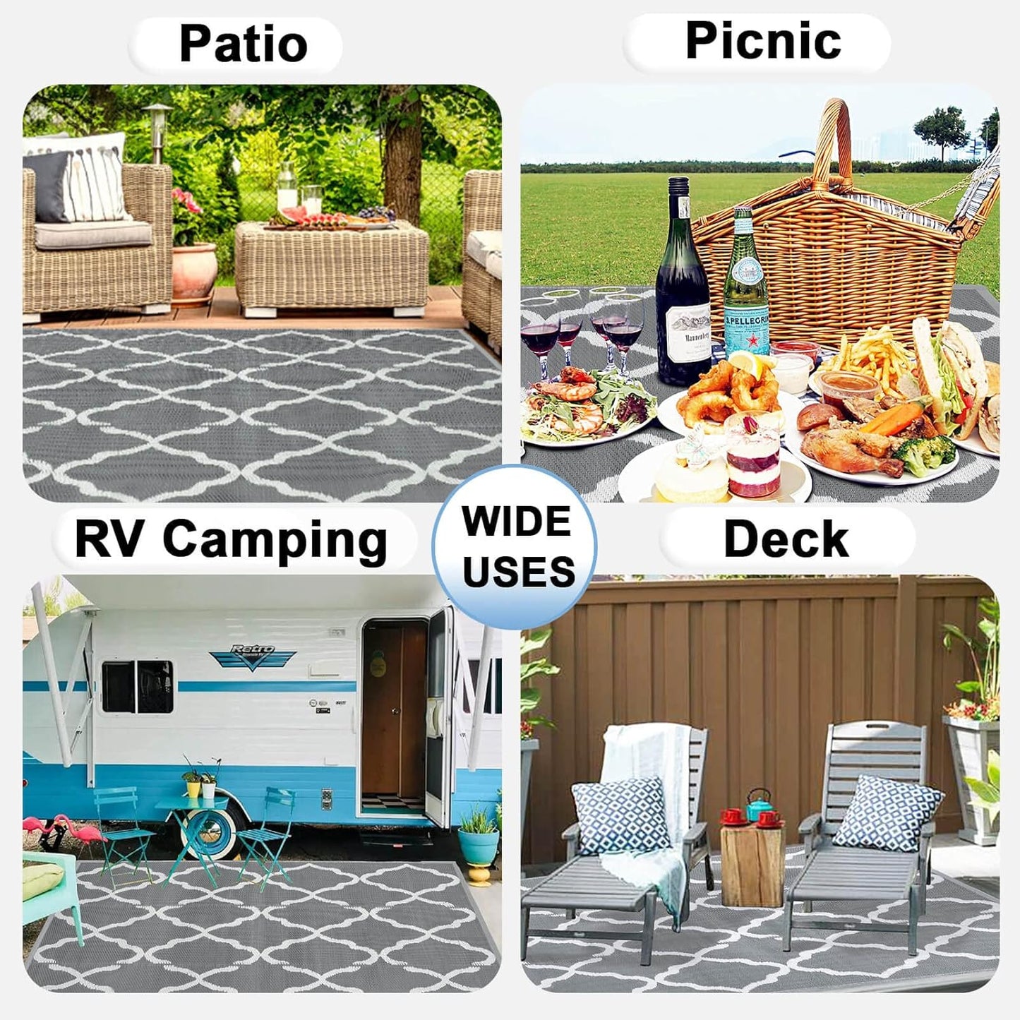 OutdoorLines Outdoor Plastic Area Rugs for Patio 5x8 ft - Reversible Outside Carpet, Stain & UV Resistant RV Mats, Straw Rug for Camping, Deck Garden, Porch and Balcony, Moroccan Grey & Light Grey