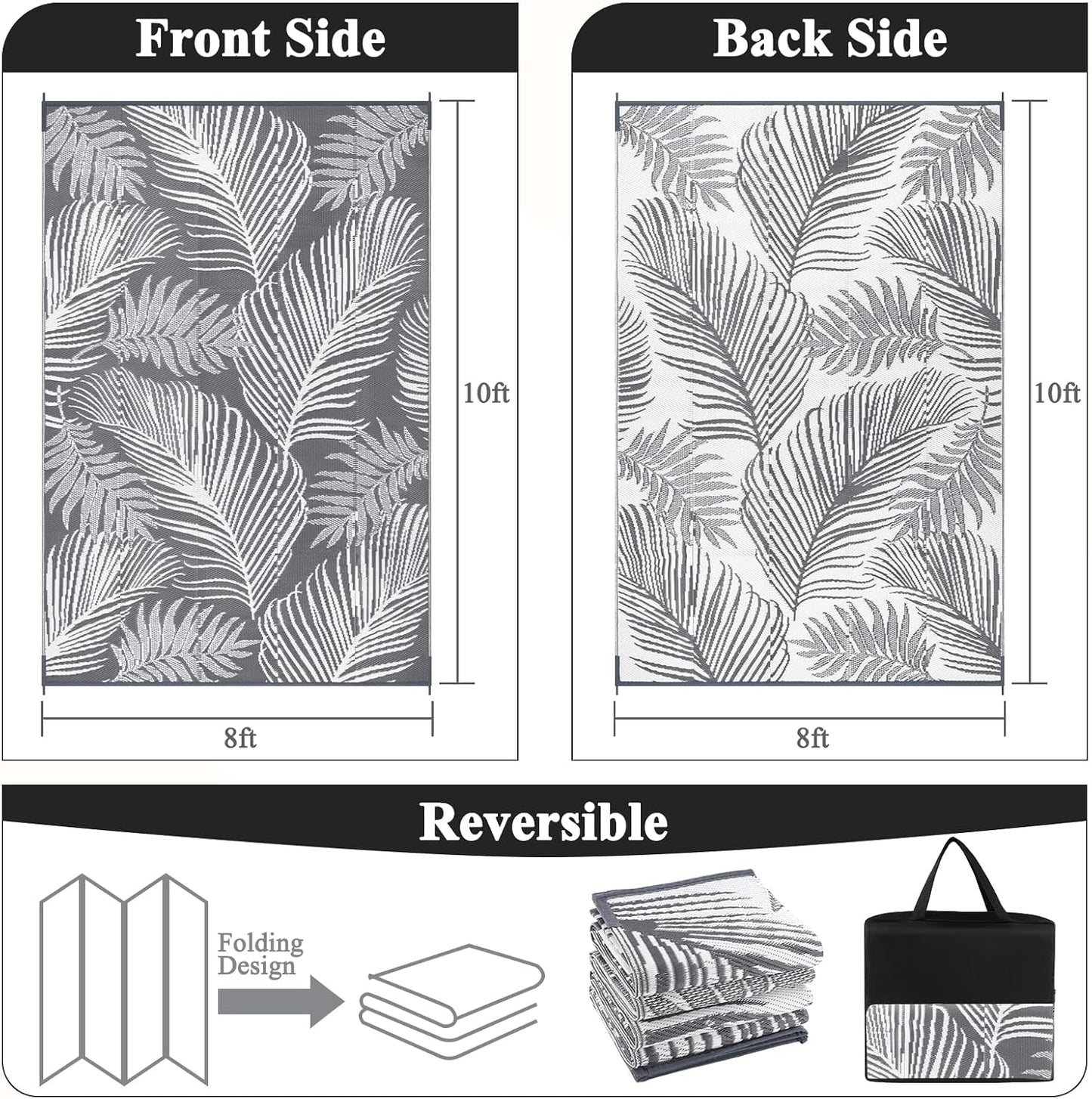 Pauwer Waterproof Outdoor Rug 8x10, Reversible Plastic Straw Patio Camping Rug, Indoor Outdoor RV Mat Carpet for Deck, Camper, Porch, Balcony, Backyard, Picnic, Leaf Grey