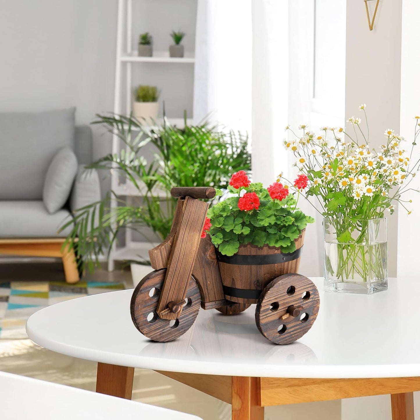 Adnee 2 Pcs Wooden Barrel Tricycle Planter-Rustic Cart Garden Planter Pot-Decorative Raised Barrel Wagon Planter for Indoor Decor Outdoor Patio Lawn Garden Backyard