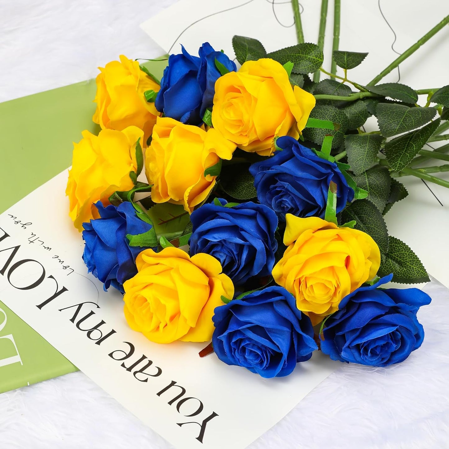 Yellow Fake Roses Artificial Flowers - 16 Pcs Fake Artificial Roses Silk Flowers with Stems for Home Wedding Hotel Office Centerpiece Decor