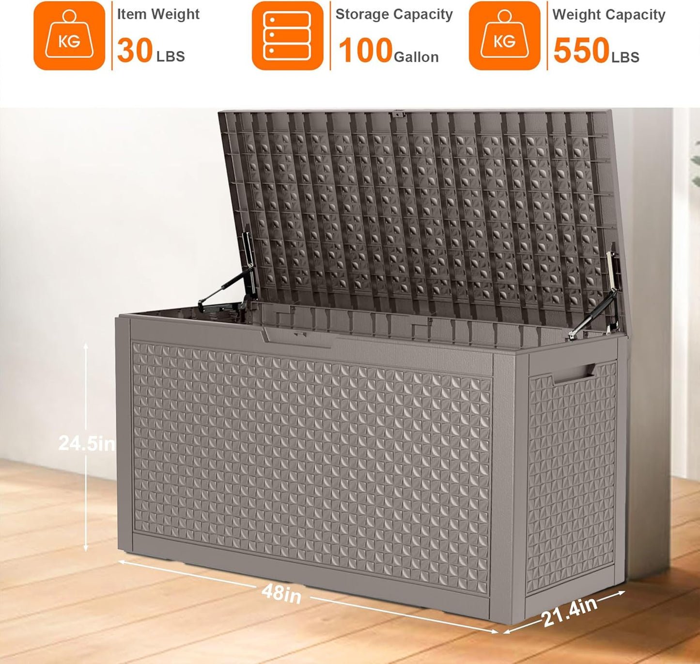 100 Gallon Outdoor Storage Box - Deck Box Waterproof Patio Furniture, Garden Tools, Cushions, Pool Accessories Outside Storage Resin Box