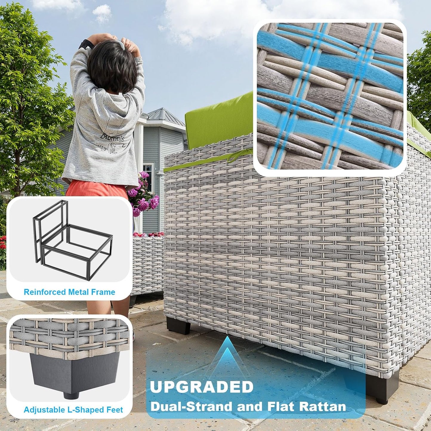 17-Piece Patio Furniture Set, Outdoor Patio Furniture with Swivel Chairs Set, Thick Cushions, Modular Patio Sofa, Dual-Strand Rattan, Rust-Resistant Frame, Grass Green