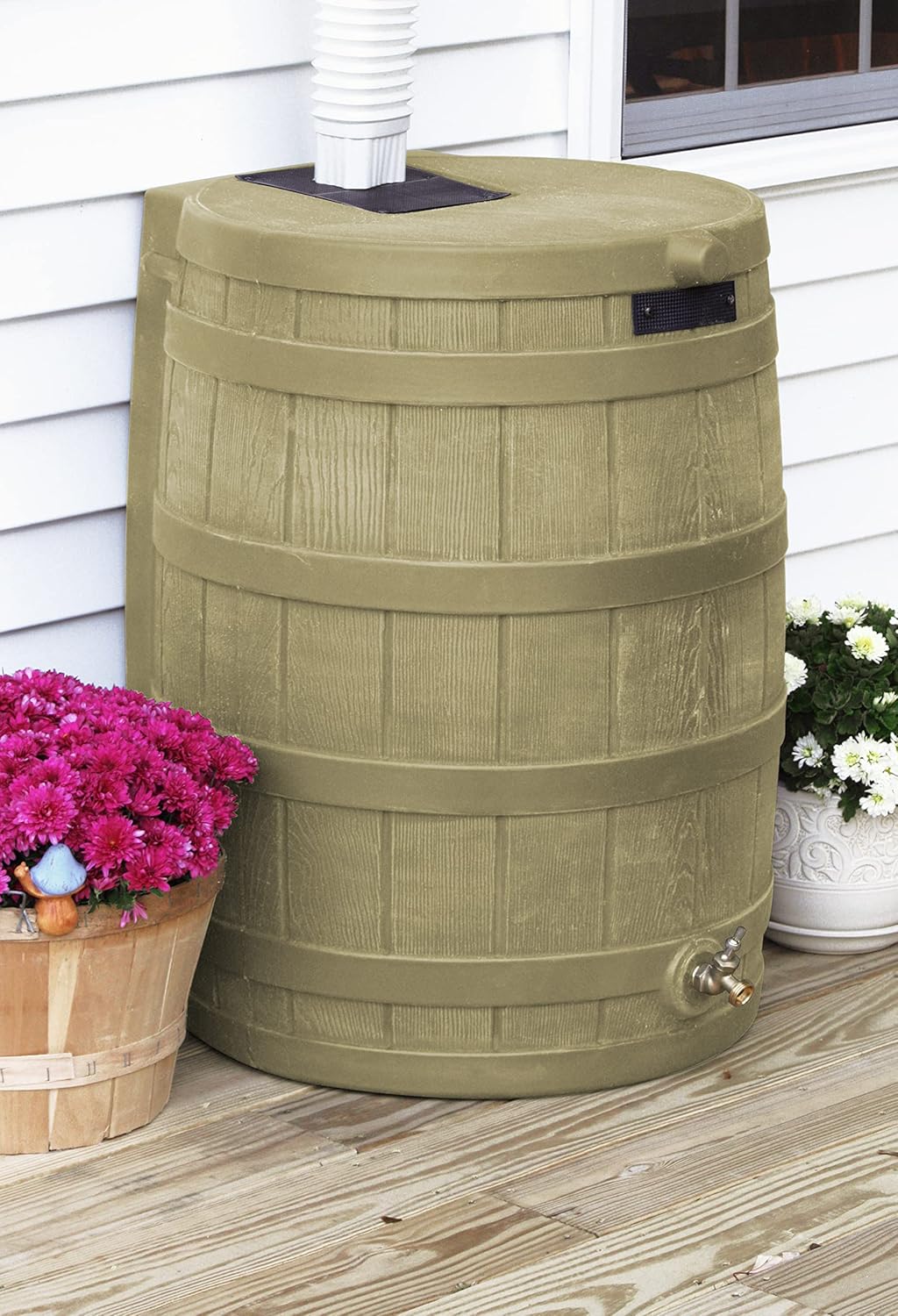 Good Ideas Rain Wizard 50 Gallon Plastic Rain Barrel for Outdoor Rainwater Collection and Storage Features Metal Spigot and Flat Back Design, Khaki