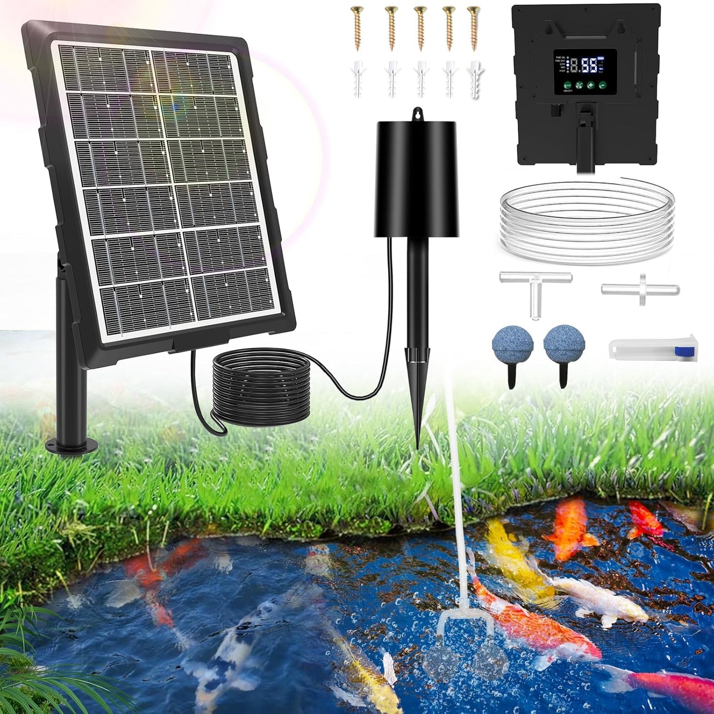 Upgraded Digital Display Solar Pond Aerator, 3 Working Modes(Low/Med/High) Solar Aerator for Outdoor Ponds with Timing Function, Solar Air Pump with Bubble Regulator for Small Ponds, Fish Tanks