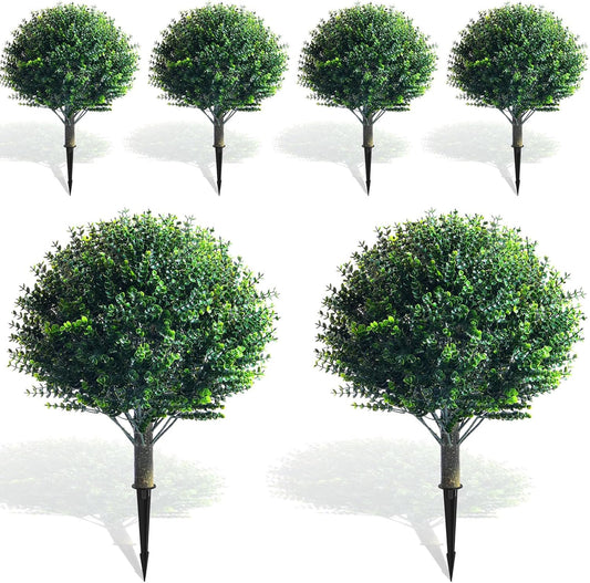 Yunlly 6 Pcs 18 Inch Artificial Boxwood Ball Topiary Tree Fake Outdoor Plants Bush, UV Resistance Faux Shrubs with Spike Realistic Greenery Potted for Indoor Garden Yard Porch Patio Decor (Dark Green)