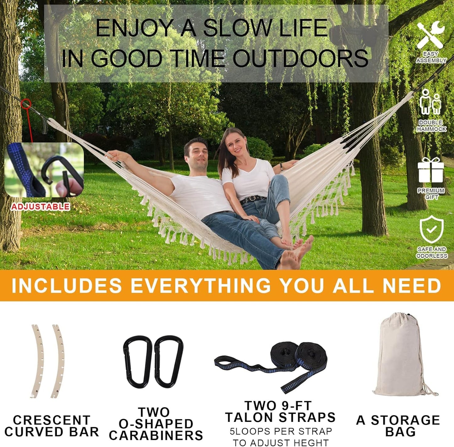 Hammock Hanging Swing Double Max 500lbs Macrame for Indoor Outdoor Patio Yard Garden (Beige)